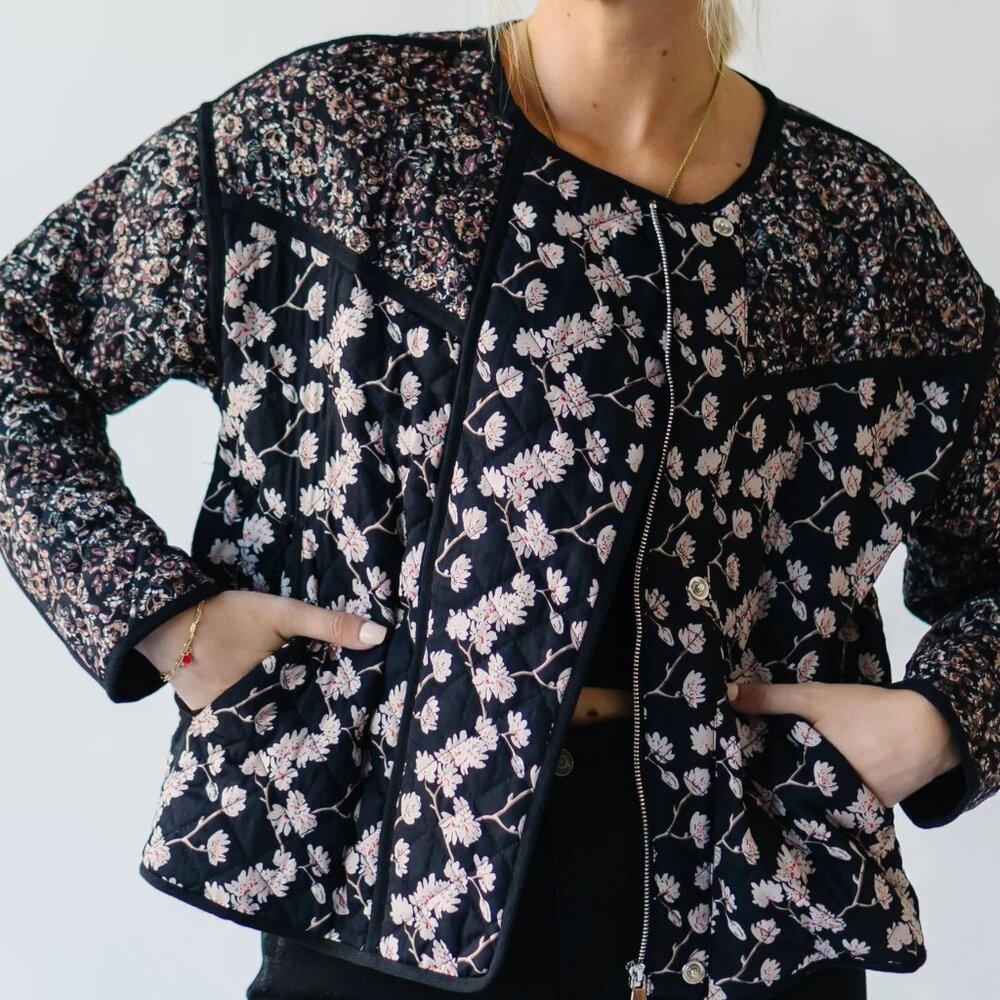 Black Cherry Blossom  Boho Foral Quilted Jacket